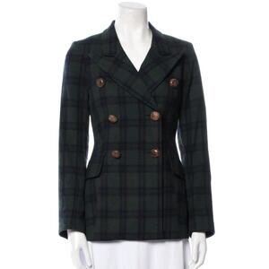 SMYTHE Plaid Wool Blend Blazer Jacket Size 6 Pointed Collar Navy/Green (V5